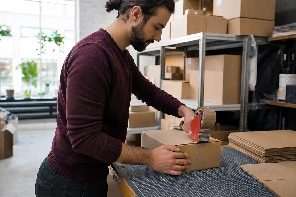 Online seller packing branded products in a small warehouse