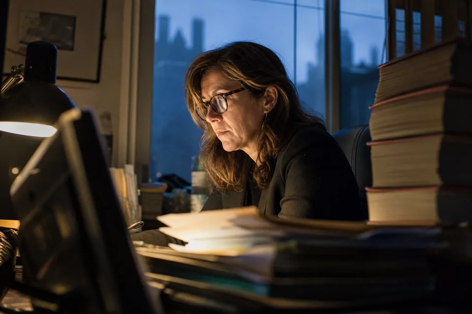 Paralegal checking a registry gazette at her desk in the evening