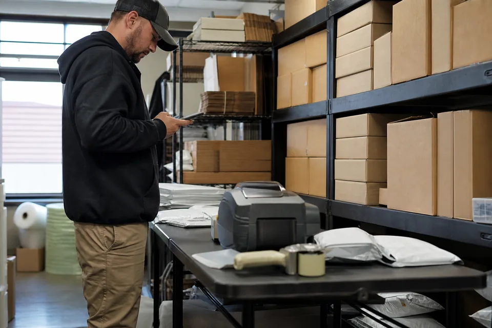 Online seller checking an alert on a phone next to shelves of packed inventory