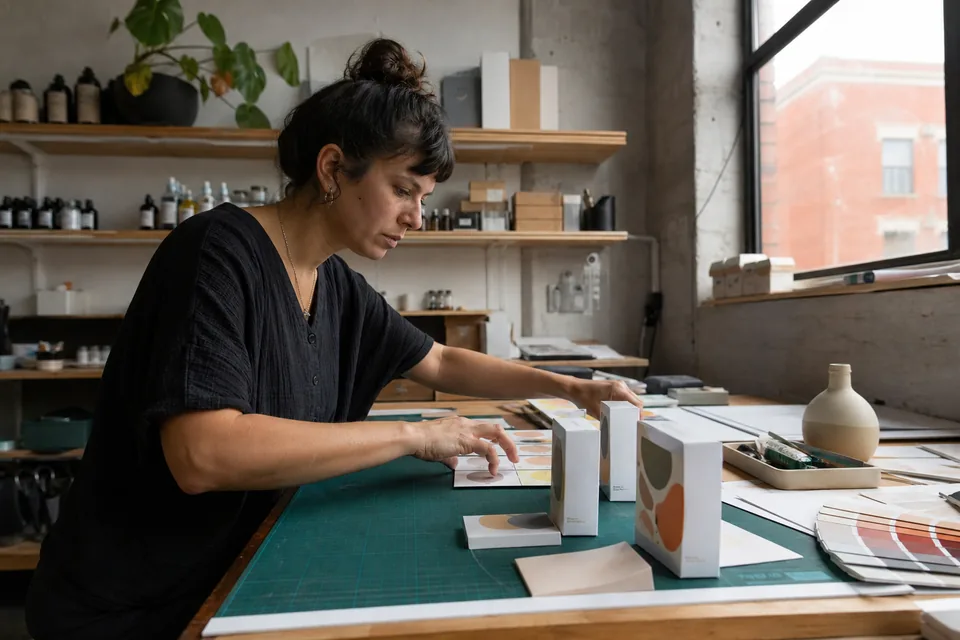 Founder unpacking printed product packaging prototypes on a workbench