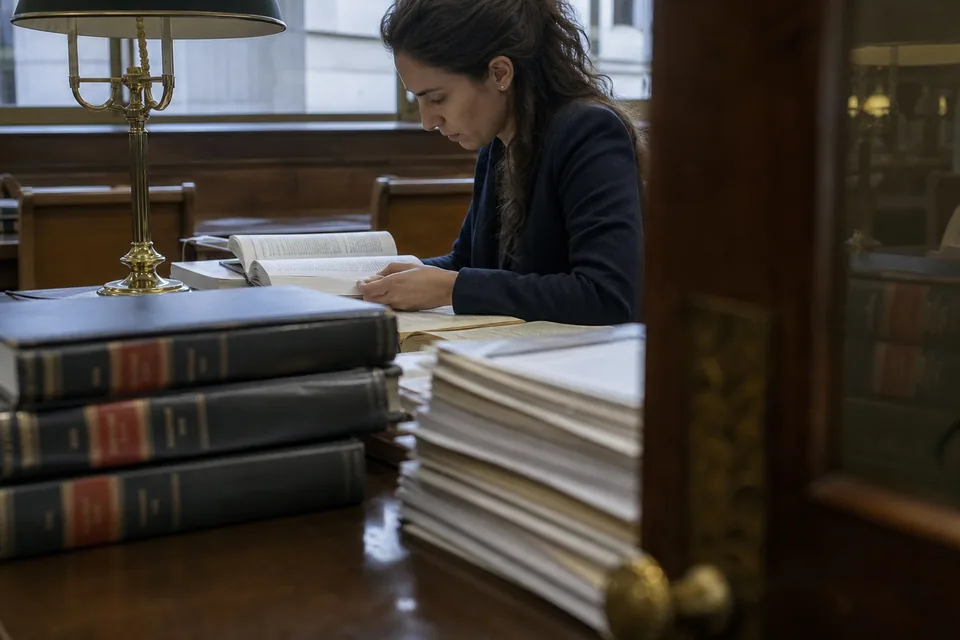 Trademark researcher reading official registry volumes at a law library desk