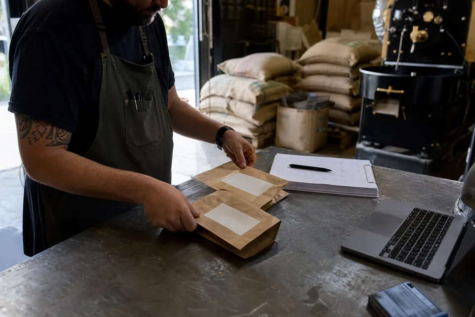 Roastery owner comparing packaging prototypes next to trademark application paperwork